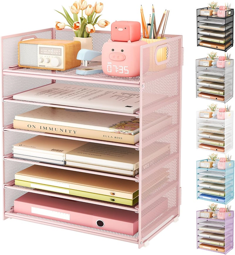 SUBEKYU 6 Tier Office File Paper Desk Tray Organizer with Handle, Stackable Slide Mesh Letter Tray Folder Pink Desk Organizer, Desktop Document Sorter for Classroom, Office, Home Supplies Storage - Image 1